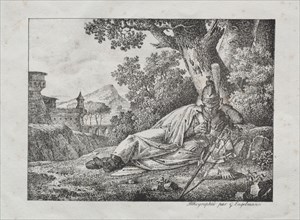 Receuil d'essais lithographiques:  Dragon fumant couche au pied d'un arbre, 1822. Antoine Pierre