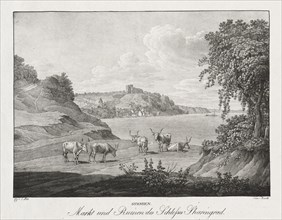Syrmien, Markt und Ruinen des Schlosses Sharengrad. Jakob Alt (Austrian, 1789-1872). Lithograph