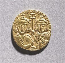 Solidus with Justinian II Rhinometus and His Son Tiberius (reverse), 705-711. Byzantium, 8th