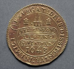Triple Unite (reverse), 1643. England, Charles I, 1625-1649. Gold