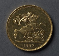 Five Pounds (reverse), 1887. Benedetto Pistrucci (Italian, 1784-1855). Gold