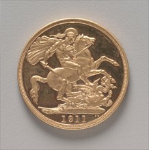 Two Pounds (reverse), 1911. Benedetto Pistrucci (Italian, 1784-1855). Gold