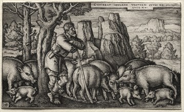 The Prodigal Son:  Tending Swine. Hans Sebald Beham (German, 1500-1550). Engraving