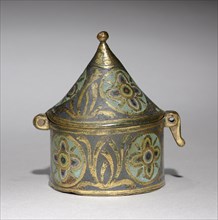 Pyx, c. 1250. France, Limousin, Limoges, Gothic period, mid 13th century. Gilded copper, champlevé