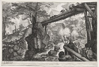 Eight Bohemian Landscapes:  Landscape with Log Bridge over Cataract, c. 1610-1615. Aegidius Sadeler