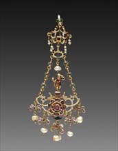 Pendant, 1600. Italy, 17th century. Gold, enamel, pearls, rubies; overall: 10.8 cm (4 1/4 in.).