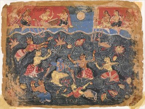 Krishna sporting with the gopis in the Jumna River, from a Bhagavata Purana, c. 1525-50. India,