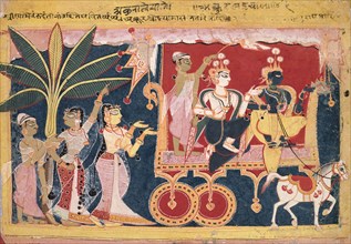 Akrura Drives Krishna and Balarama to Mathura (Isarda Bhagavata Purana), c. 1560-1570. India,