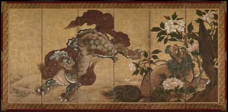 Lions, 1668. Sekkei Yamaguchi (Japanese, 1644-1732). Six-panel folding screen, ink and color on