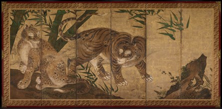 Tiger and Leopard, 1668. Sekkei Yamaguchi (Japanese, 1644-1732). Six-panel folding screen, ink and