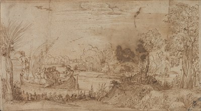 River Landscape with Boats, c. 1590. Annibale Carracci (Italian, c. 1560-1609). Pen and brown ink;
