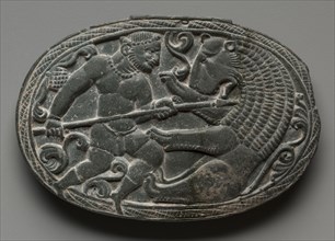 Lid with Combat between a Man and a Lion, c. 200s-300s. Pakistan, Gandhara, late Kushan Period (1st