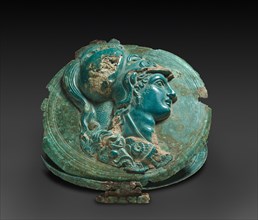 Mirror Box with Head of Athena, 400-375 BC. Greece, early 4th Century BC. Bronze, partially gilt;