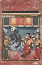 Krishna with Radha and Two Attendants (recto); Jagannath, Subhadra and Balarama in an Arch (verso),