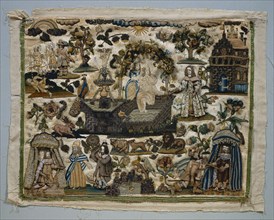 Stumpwork Panel: Story of David and Bathsheba, 1658. England, 17th century. Stumpwork embroidery