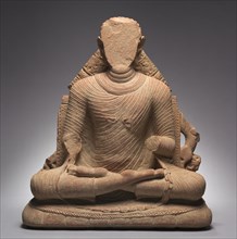 Seated Buddha, 400-430. Northern India, Uttar Pradesh, Mathura, Gupta period (c. 320-550). Red
