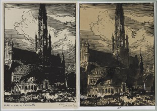 Hôtel de Ville de Bruxelles en feu, 1914. Auguste Louis Lepère (French, 1849-1918). Pen and black