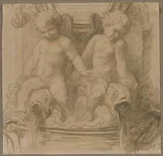 Fountain with Putti Riding Dolphins, last half 1800s. Alphonse Legros (French, 1837-1911). Brush