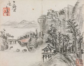 Miniature Album with Figures and Landscape (Cliff Landscape with Bridge), 1822. Zeng Yangdong