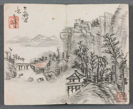 Miniature Album with Figures and Landscape (Cliff Landscape with Bridge), 1822. Zeng Yangdong