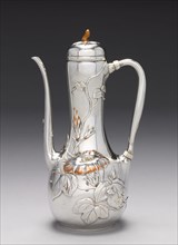 Coffee Pot, c. 1879. Tiffany and Company (American). Silver inlaid with copper and gold, ivory;