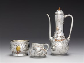 Coffee Service, c. 1879. Tiffany and Company (American). Silver inlaid with copper and gold, ivory;