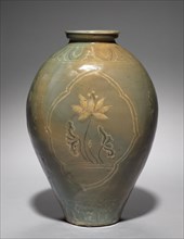 Flask with Inlaid Lotus Design, 1200s-1300s. Korea, Goryeo period (918-1392). Stoneware, celadon