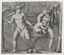 Two Fauns Carrying a Child in a Basket, c. 1513-1515. Marcantonio Raimondi (Italian,