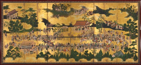 Horse Race at the Kamo Shrine, 1615-50. Tosa School (Japanese). Pair of six-panel folding screens,