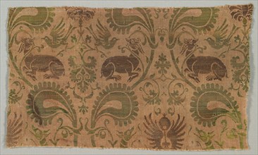Silk with Dogs and Birds amid Vines, 1350-1400. Italy, second half of 14th century. Silk, gold