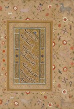 Page from the Late Shah Jahan Album: Persian Calligraphy Framed by an Ornamental Border of Flowers
