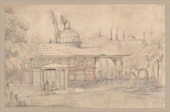 Pavilion Near a Mosque, 1800s. Félix Ziem (French, 1821-1911). Graphite and gray, blue, orange and