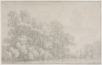River Landscape, c. 1650?. Simon de Vlieger (Dutch, 1601-1653). Black chalk; framing lines in black
