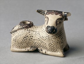 Oil Flask in the Shape of a Bull, 600-575 BC. Greece, Corinth, early 6th Cenury BC. Painted