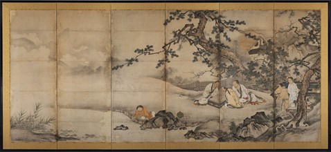 The Four Accomplishments, late 1500s. Attributed to Kano Shoei (Japanese, 1519-1592). Six-panel