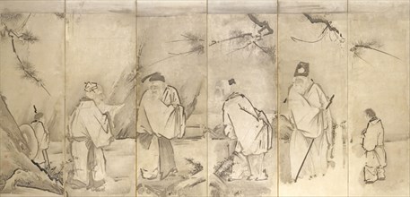 Four Elders of Mt. Shang, 1600s. Kano Tan’yu (Japanese, 1602-1674). Pair of six-fold screens; ink