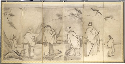 Four Elders of Mt. Shang, 1600s. Kano Tan’yu (Japanese, 1602-1674). Pair of six-fold screens; ink