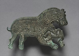 Wolf Attacking a Man, 400-300 BC. Thrace, 4th Century BC. Bronze; overall: 7 x 9.3 x 0.4 cm (2 3/4
