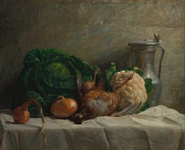 Still Life with Vegetables, Partridge, and a Jug, 1858. Adolphe-Félix Cals (French, 1810-1880). Oil