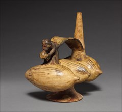 Stirrup Jar with Monkey and Three Fruits, 1000 or later. Peru, North Coast. Red earthenware