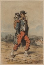 Soldier with Dog, 1853. Joseph-Louis-Hippolyte Bellangé (French, 1800-1866). Black chalk and