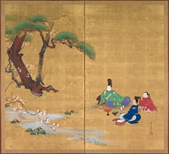 Narihira Viewing the Cherry Blossoms, late 1800s. Shibata Zeshin (Japanese, 1807-1891). Two-panel