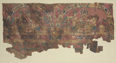 Samite roundels with hunters, 800s. Eastern Iran or Central Asia. Samite: silk; overall: 26 x 29 cm