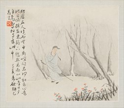 Album of Landscape Paintings Illustrating Old Poems:  An Old Man with a Staff walks a Wooded Path,