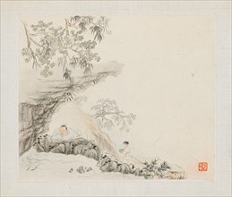 Album of Landscape Paintings Illustrating Old Poems:  A Man Lies under a Rocky Overhang; a Boy