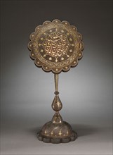 Mirror Stand, 1800s. Iran, Qajar Period, 19th Century. Steel engraved and inlaid with gold and