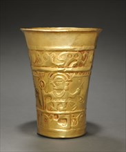 Beaker, c. 800-1370. Peru, North Coast, Sicán. Hammered and embossed gold alloy; overall: 15.2 x 12