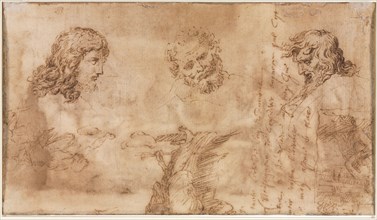 Three Heads and Other Sketches (verso), 1643-1644. Nicolas Poussin (French, 1594-1665). Pen and