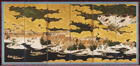 Views of Lake Biwa: Winter and Summer, 1600-1650. Kano Eino (Japanese, 1631-1697). Pair of six-fold