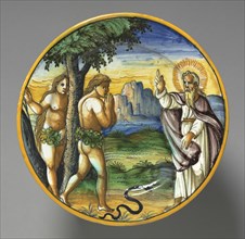 Dish Depicting the Expulsion, late 1500s. France, Lyon, 16th century. Tin-glazed earthenware